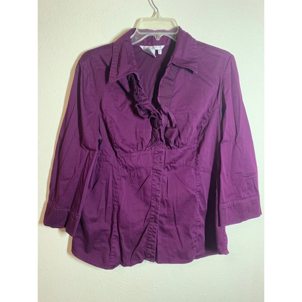 Fred David Stretch Blouse Button Up Business Casual Boho Ruffle Purple Size XL